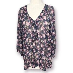 Stitch Fix NSR Blouse Purple Semi Sheer Watercolor Monet Floral Print Navy Top